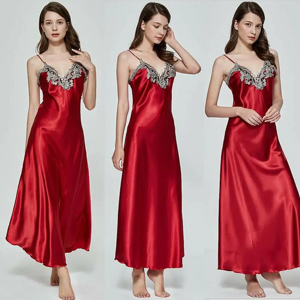 Женская атласная длинная шелковая ночная сорочка, кружевное сексуальное женское белье, ночная рубашка без рукавов с глубоким v-образным вырезом, ночная рубашка, одежда для сна, США - Цвет: Красный