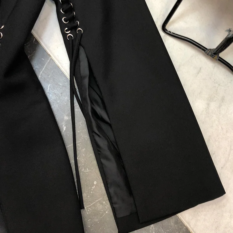 Модные черные женские блейзеры для подиума дизайнерские осенние зубчатые ошейник-веревка пирсинг костюм Блейзер уличная Раздвоенная вспышка рукав блейзер