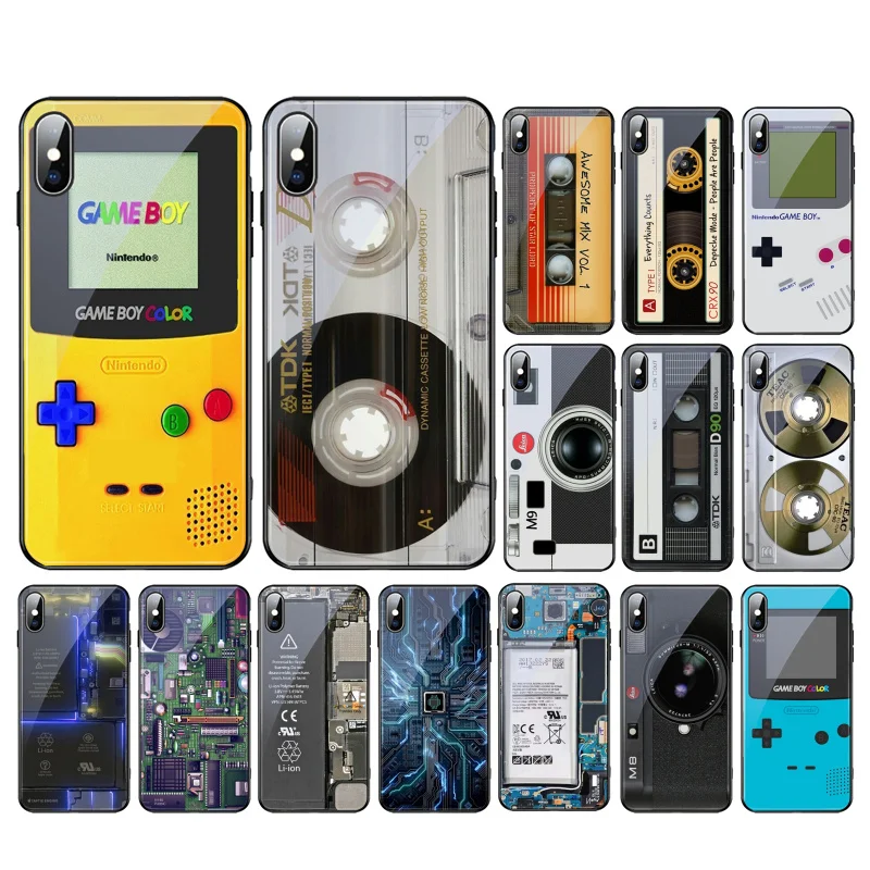 Retro Vintage Camera Tape Battery Game Boy Glass Phone Case Per Iphone 15 14 13 Pro Max Per Iphone 12 11 Pro Max Xs 14 Plus Se2