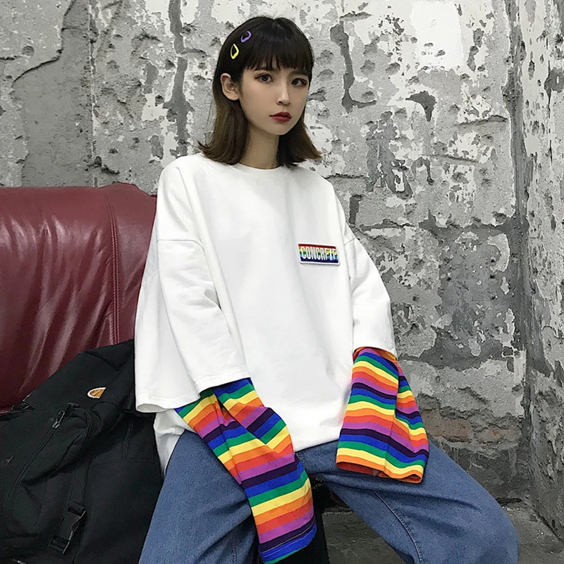 aguja Lechuguilla léxico Camisas de manga larga para mujer, ropa coreana Ulzzang Harajuku a rayas de  arcoíris, Camiseta holgada para mujer, Top 2021|Camisetas| - AliExpress