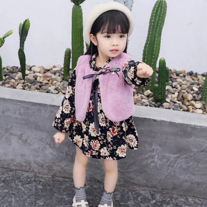Winter Kids Girl Clothes Rabbit Fur Vest Floral Skirt Two-Piece Set Of Toddler Outfits Dress Vest Suit Christmas Girls Outf
