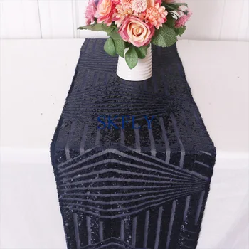 

RU007F Unique New arrival Wedding 2020 custom made beaded gold navy blue silver rose gold geometric pattern sequin table runner