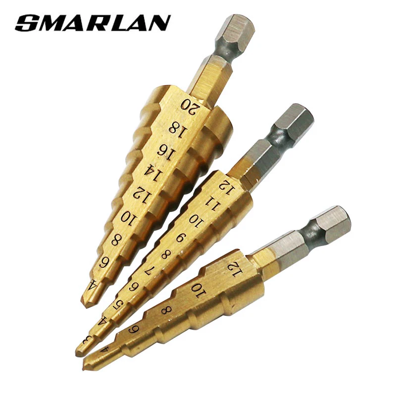 SMARLAN 3pc 3-12mm/4-12mm/4-20mmHSS Straight Groove Step Drill Bit Titanium Coated Wood Metal Hole Cutter Core Drilling Tool Set