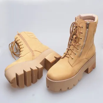 

Bottom Harajuku New Thick Spring Autumn Womens Booties Round Toe Genuine Leather Front Lace Up Zip British Nubuck Ankle Boots