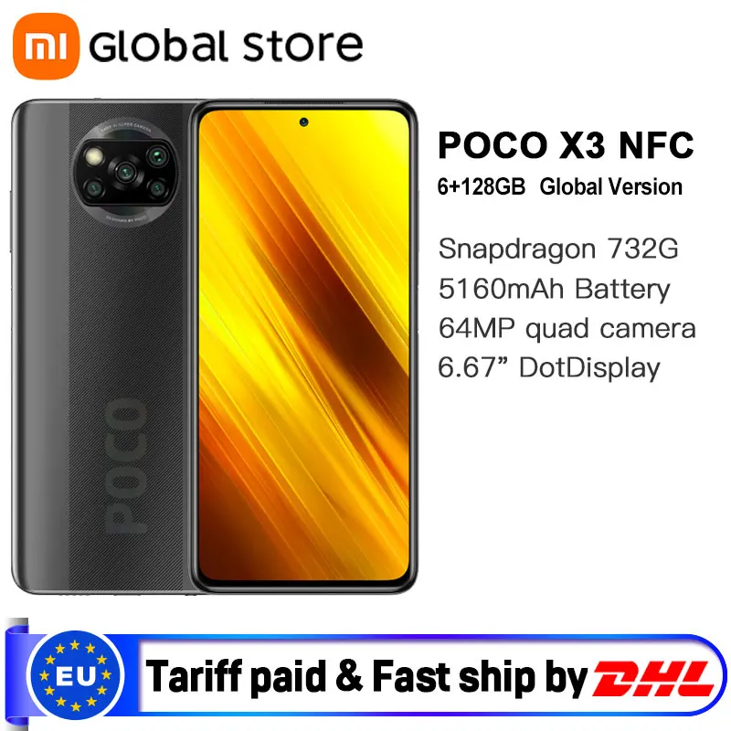 Xiaomi-teléfono inteligente POCO X3, versión Global, NFC, 6GB y 128GB, Snapdragon 732G, ocho núcleos, cámara de 64MP, batería de 5160mAh, carga rápida de 33W
