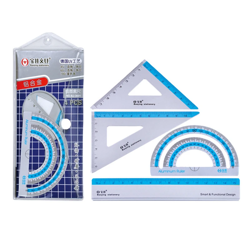 4PCS/Set Creative Aluminum Alloy Ruler Set Drawing Tools Measurement TriangleRuler straightedge Protractor School Office Supply