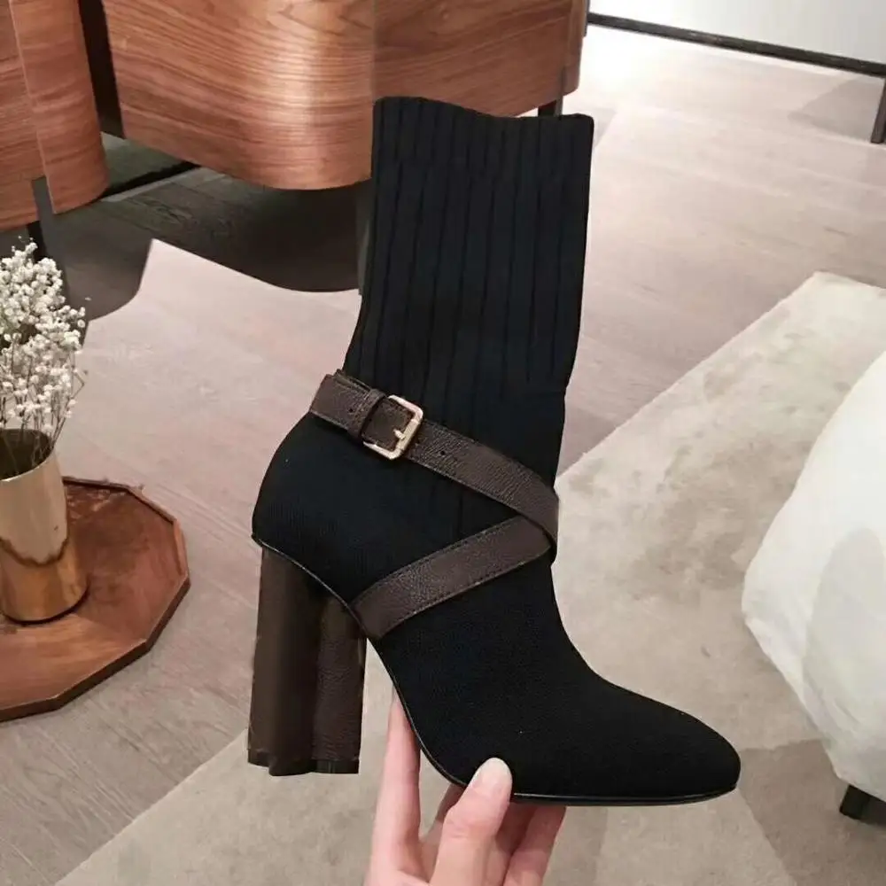 Prowow Fashion Strange Heel Boots Mesh Fabric Boots embroidery elastic fabric Shoes Women Luxury Designer High Heel shoes