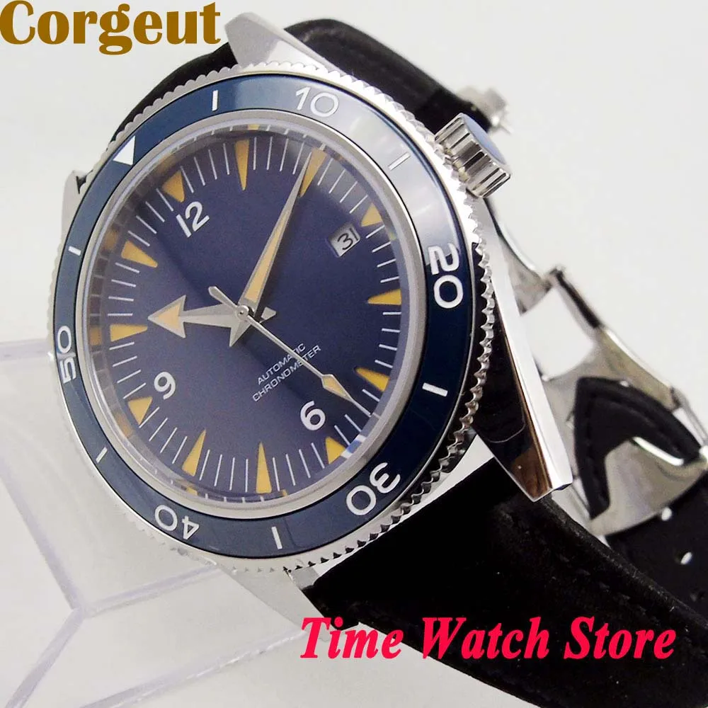 Corgeut 41mm Miyota 8215 5ATM Automatic men's watch leather strap Blue sterile dial Sapphire Glass ceramic bezel cor121 | Наручные