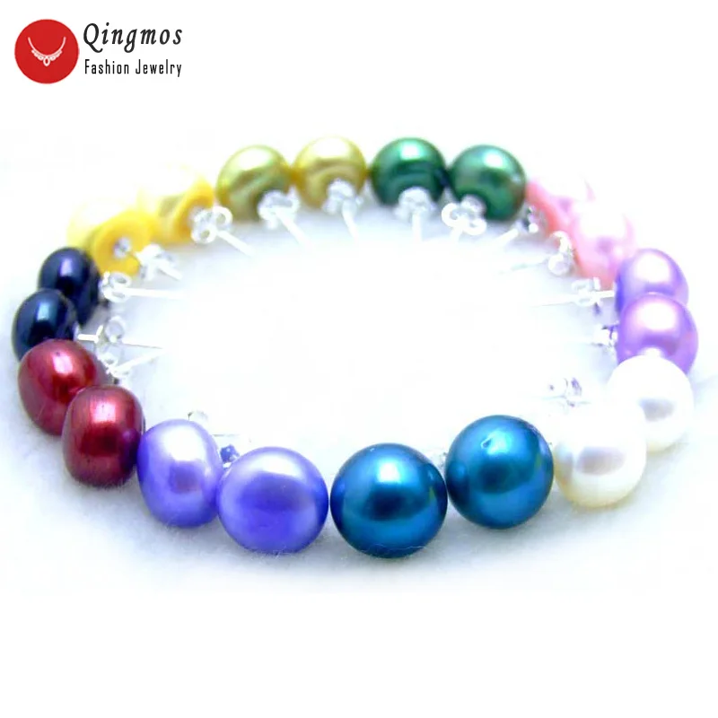 

Qingmos Wholesale 10 Pairs 10-11mm Flat Round Natural Freshwater MULTICOLOR Pearl Earring for Women Stud Earring Who125