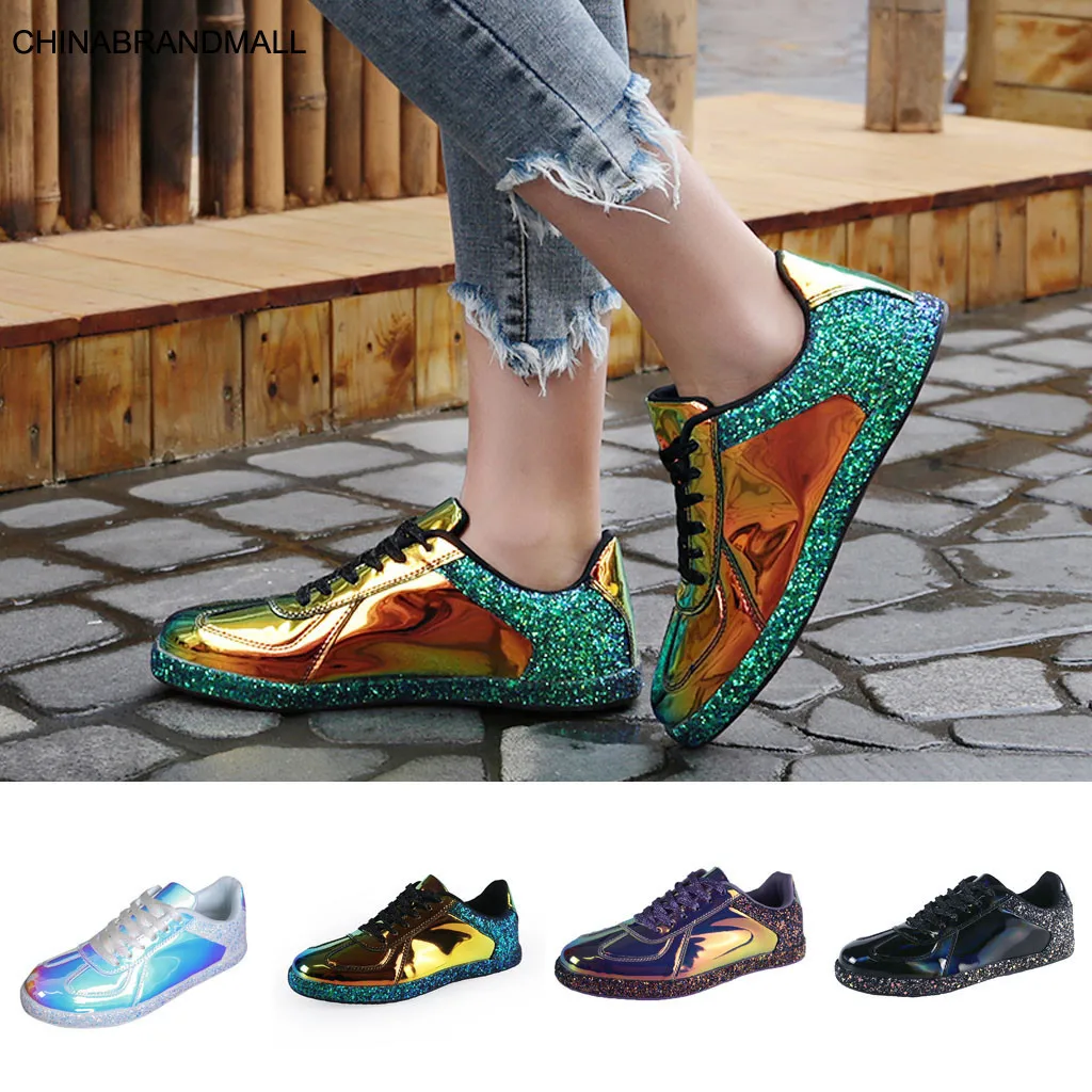 

New Women's Fashion Colorful Series Sneakers Cool Wild Reflective Shoes Mixed Colors Lace-up Cover Heel Bling Breathable Shoes