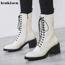 Lenkisen/зимние теплые однотонные сапоги до середины икры из натуральной кожи в британском стиле, на шнуровке, с круглым носком, на высоком каблуке; L6f1