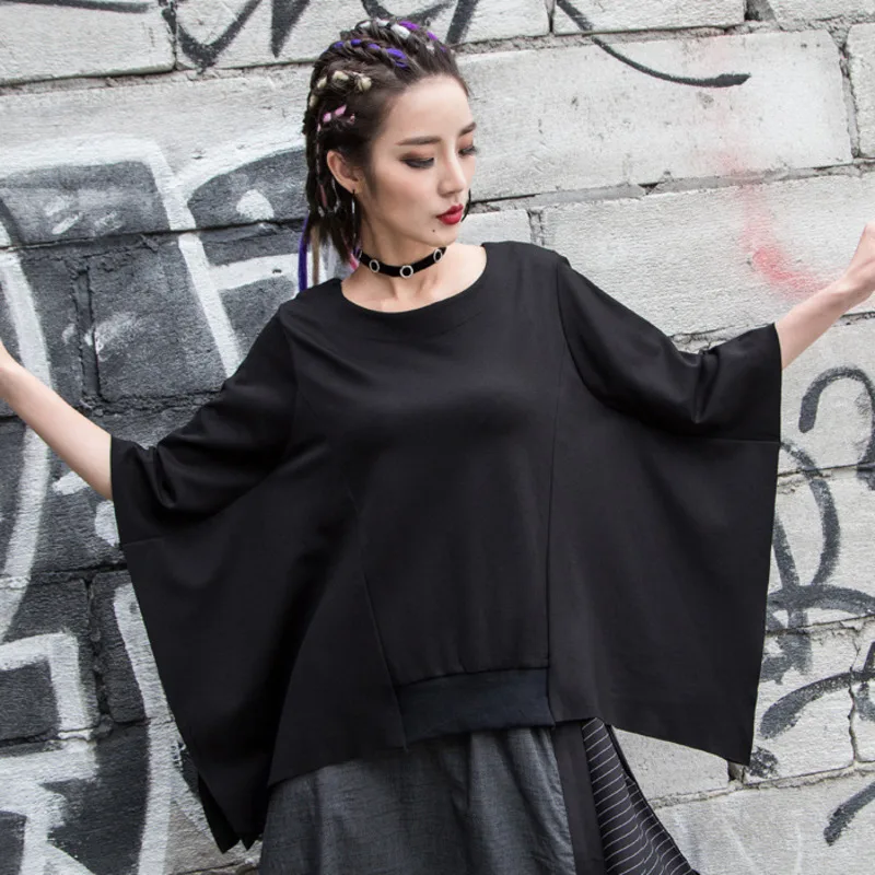 

LANMREM 2020 New Spring Solid Color O-neck Bat Sleeve T-shirt Women Streetwear Loose Casual Personality Clothing Tops Tide PD065