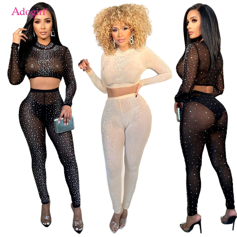 

Adogirl Diamonds Sheer Mesh Two Piece Set Women Sexy Club Party Suit Mock Neck Long Sleeve Crop Top High Waist Pencil Pants