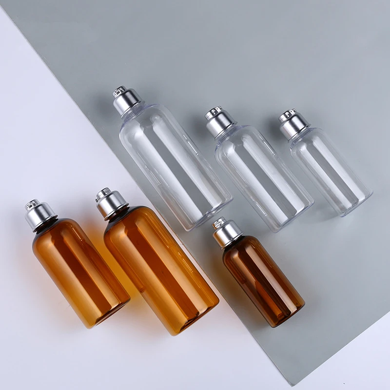 

100m 200ml 300ml Matte Silver Lids plastic bottle containers for cosmetics PP cap PET plastic dispenser bottles Amber clear