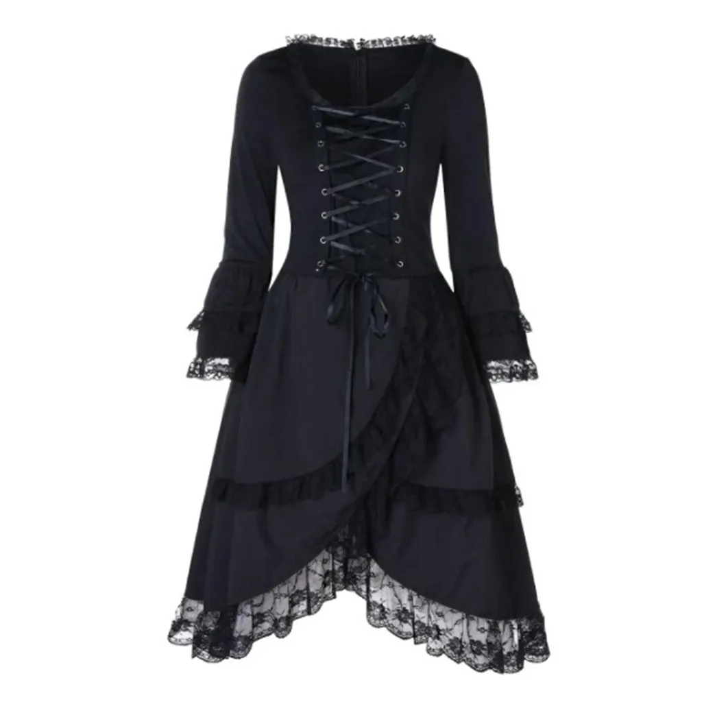 

Vintage Women Black Dress Autumn Maid Lace Casual Dresses Halloween Witch Cosplay Midi Vestido Flare Long Sleeve Slim Ball Gown