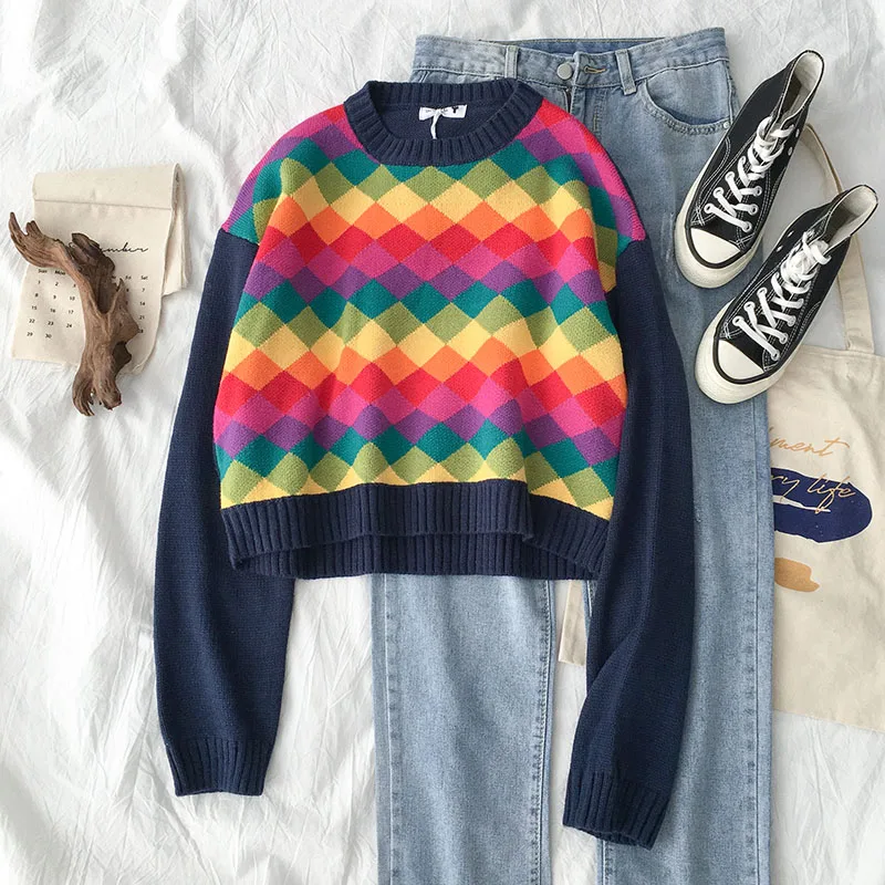 OCEANLOVE Argyle Rainboe женские свитера с коротким круглым вырезом пуловеры с отделкой осень Зима Студенческие женские корейские 13223
