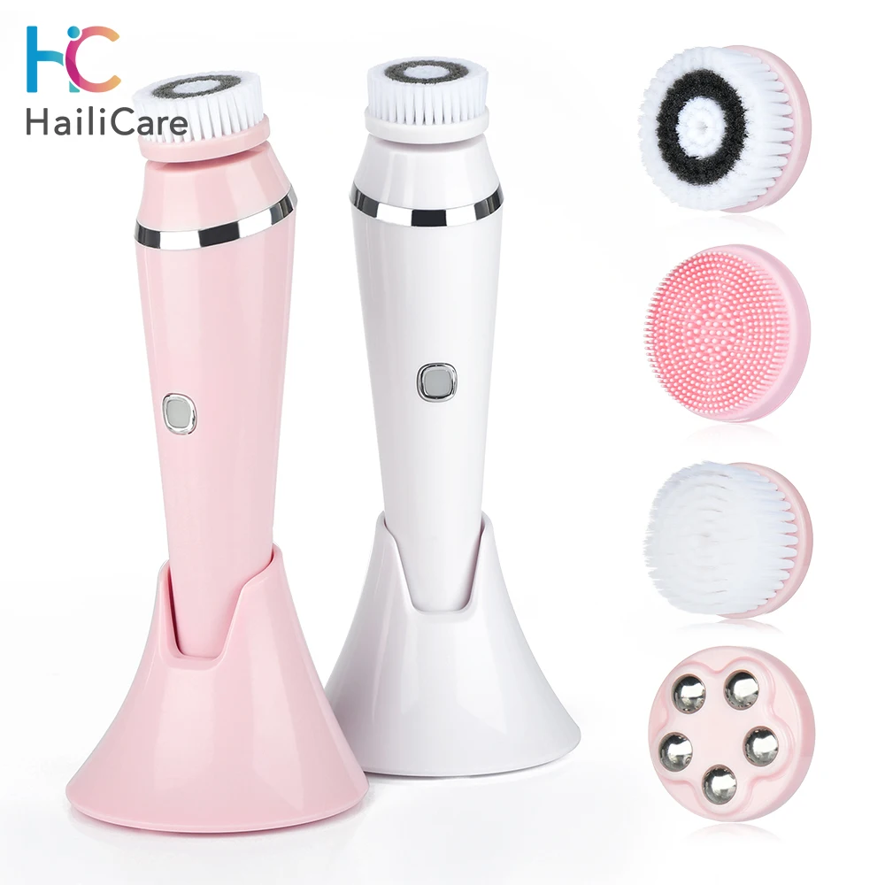 

4 IN 1 Electric Silicone Facial Cleansing Brush Sonic Face Roller Massager Blackhead Remover Pore Cleaner Face Washing Tools
