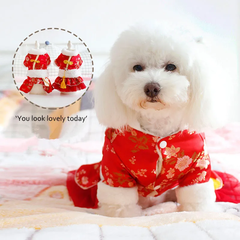 Китайский год, одежда для собак, комбинезон для мальчиков и девочек, платье для собак, зимняя одежда для домашних животных, костюм чонсам, утолщенный теплый костюм для собак, пальто