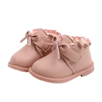 

Children's Boots snow boot plush ruffled folds bows non-slip warm and comfortable soft winter comfort flat baby rubber Hook&Loop