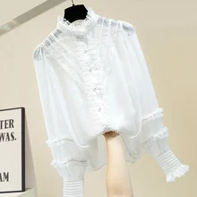 Blusas Mujer De Moda 2020 Diamond Frilled Lace Joint Stand Collar Transparent Shirt Women's Fashion Blouse Tops Ropa Mujer