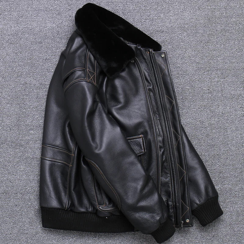 Seveyfan US G1 Flight Genuine Leather Jacket Men Black Fur Collar Real Cowhide Leather Jacket Motorcycle Biker R3260
