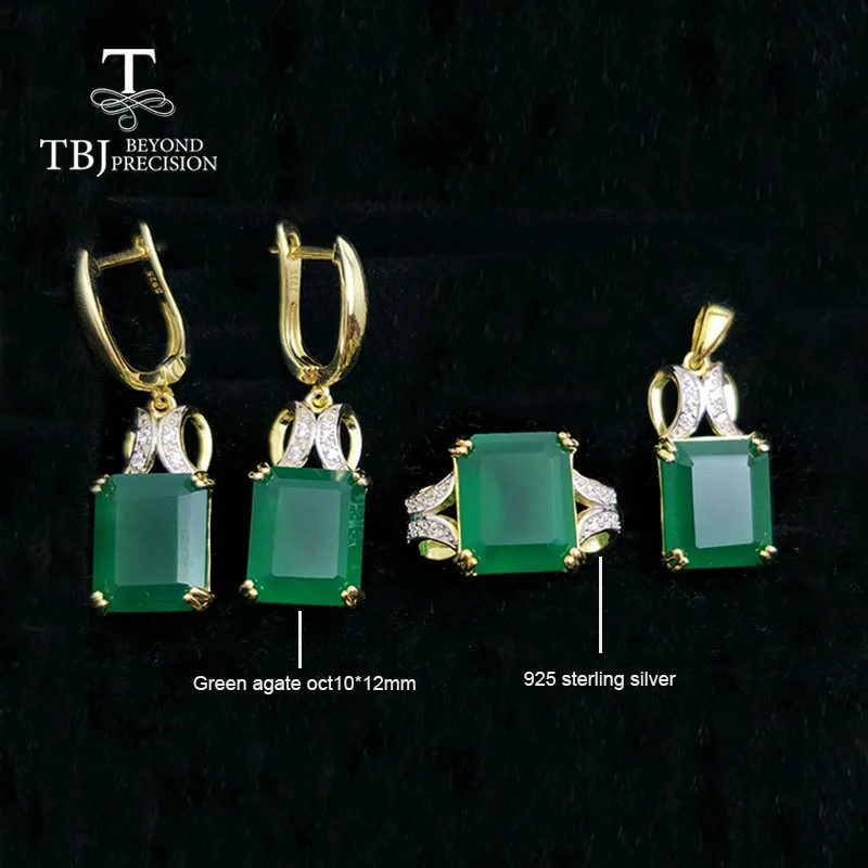 Tbj, 18ct зеленый агат, ювелирный набор, серебро 925 пробы, кольцо, подвеска, серьги для женщин, Подарок на юбилей, вечерние