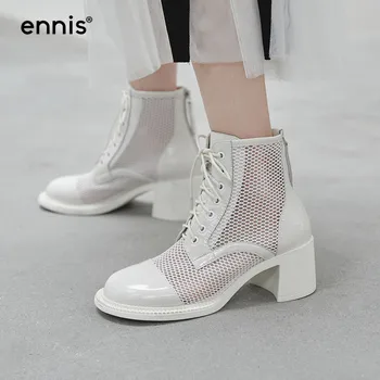 

ENNIS NEW Summer Boots Breathable Mesh Shoes Square Heel Lace Up Ankle Boots Women Patent Leather Martin Boots Black White A0002