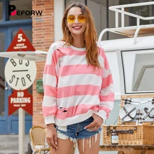 BEFORW Women Autumn Pink Striped Hoodies Pullover 2019 Winter Long Sleeve Loose Tearing Sweatshirt Female Casual Hoodie Tops BEFORW Women Autumn Pink Striped Hoodies Pullover 2019 Winter Long Sleeve Loose Tearing Sweatshirt Female Casual Hoodie Tops