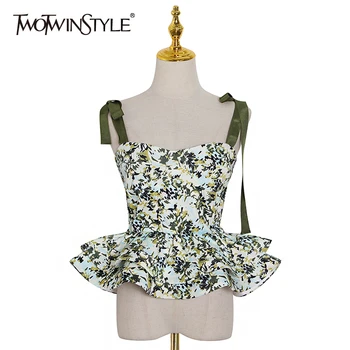 

TWOTWINSTYLE Causal Print Women Vest Square Collar Spaghetti Strap Sleeveless Hit Color Ruffles Vests Female Fashion Clothes New