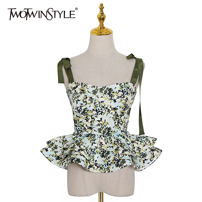 TWOTWINSTYLE Causal Print Women Vest Square Collar Spaghetti Strap Sleeveless Hit Color Ruffles Vests Female Fashion Clothes New TWOTWINSTYLE Causal Print Women Vest Square Collar Spaghetti Strap Sleeveless Hit Color Ruffles Vests Female Fashion Clothes New