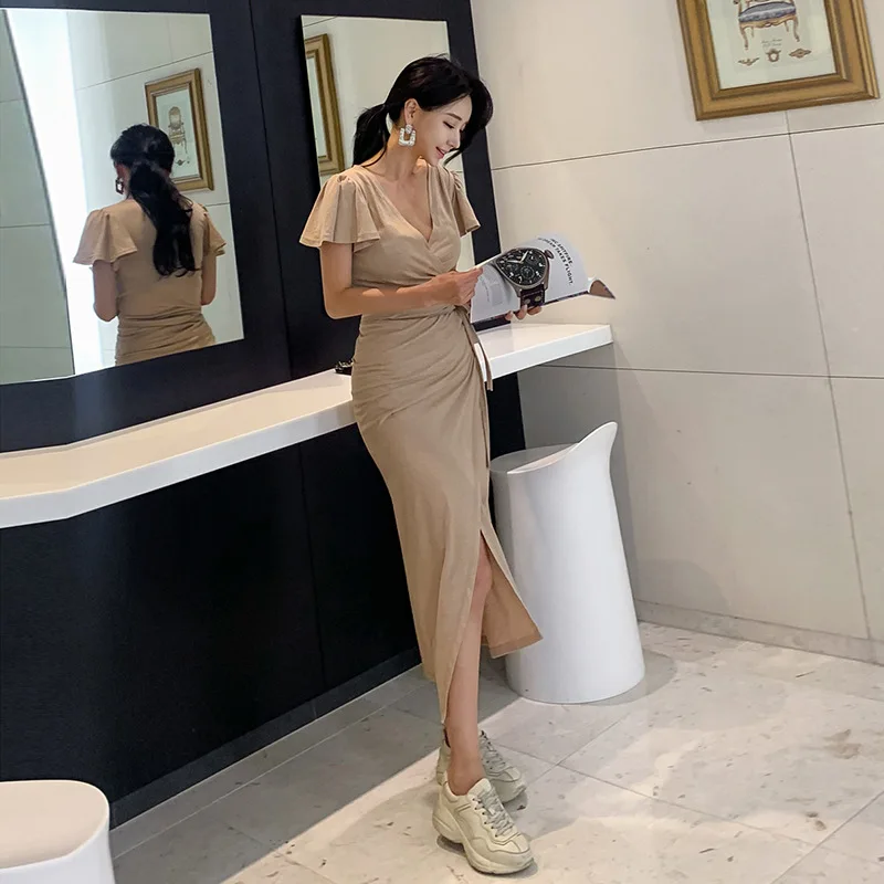 

2019 Short Sleeve Corset Bandage Midi Dress Women Split Khaki Casual Dresses Women's Large Size Sheath Bodycon Wrap Summer Dress