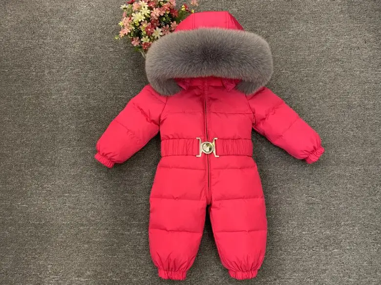 Luxury Large Real Fur Collar Infant Baby Snowsuit Thick Warm Down Rompers Hooded Toddler Boys Girls Jumpsuit One-pieces Ski Suit - Цвет: Rose