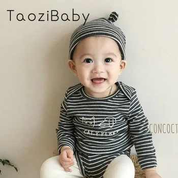 

Baby Bodysuit Korean Baby Striped Bottom Triangle Conjoined Clothes Baby Cute Printed Cat Dog Climbing Clothes + Hat