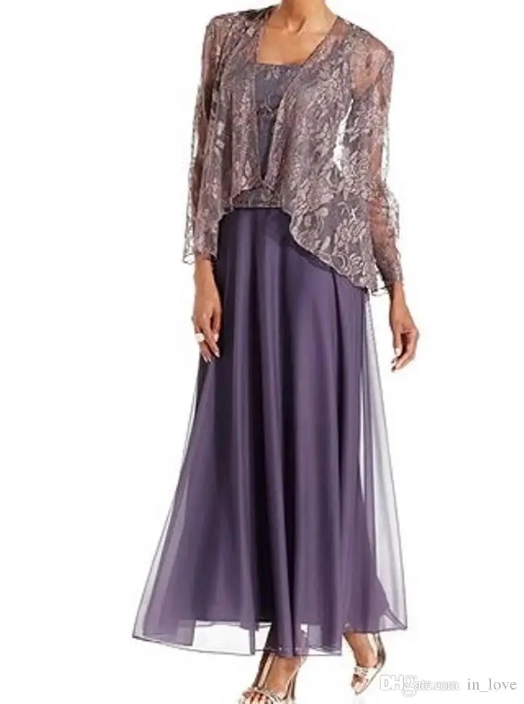 

Ankle Length Mother of the Bride Dresses with Jacket Lace Chiffon Square Neck Elegant Wedding Guest Dress Special Occasio
