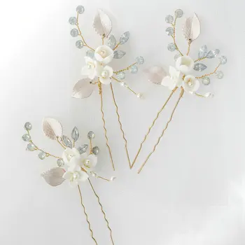 

Opal Crystal Bridal Hair Pin Delicate Ceramic Flower Wedding Headpiece Gold Leaf Bridal Hair Accessories