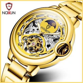 

Dropshipping NOBJN Skeleton Automatic Mechanical Men Watch Stainless Steel Waterproof Tourbillon Male Watches Relogio masculino