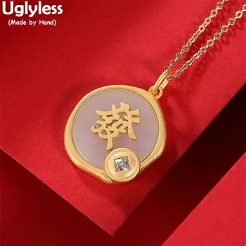 

Uglyless Kung Hei Fat Choy China Chic Be Rich Gifts Jewelry for Women Natural Jade Pendants Necklaces NO Chains 925 Silver Jewel