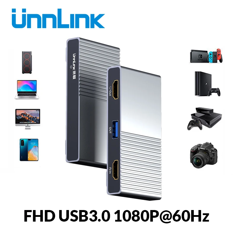 Unnlink USB 3,0 juego UVC Tarjeta de captura de vídeo captura 1080 60Hz Registro de transmisión en directo para cámara Webcam de PC PS3 PS4 xbox TV interruptor