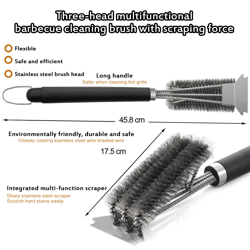 3-in-1 Stainless Steel Triple Head BBQ Grill Cleaning Brush Long Handle Tool 