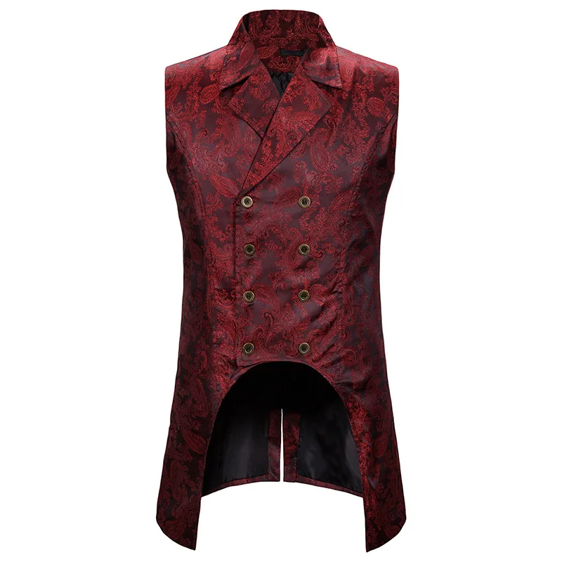 Mens Red Gothic Steampunk Vest Double Breasted Paisley Jacquard Brocade ...