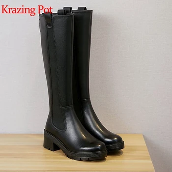 

Krazing Pot new cow leather round toe 6cm high heel zipper winter shoes beauty model wear brand black color thigh high boots L60