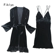 Fiklyc нижнее белье зимний теплый стиль бархат женские сексуальные открытые халат и платье наборы с кружевом красивая женская ночная рубашка для женщин
