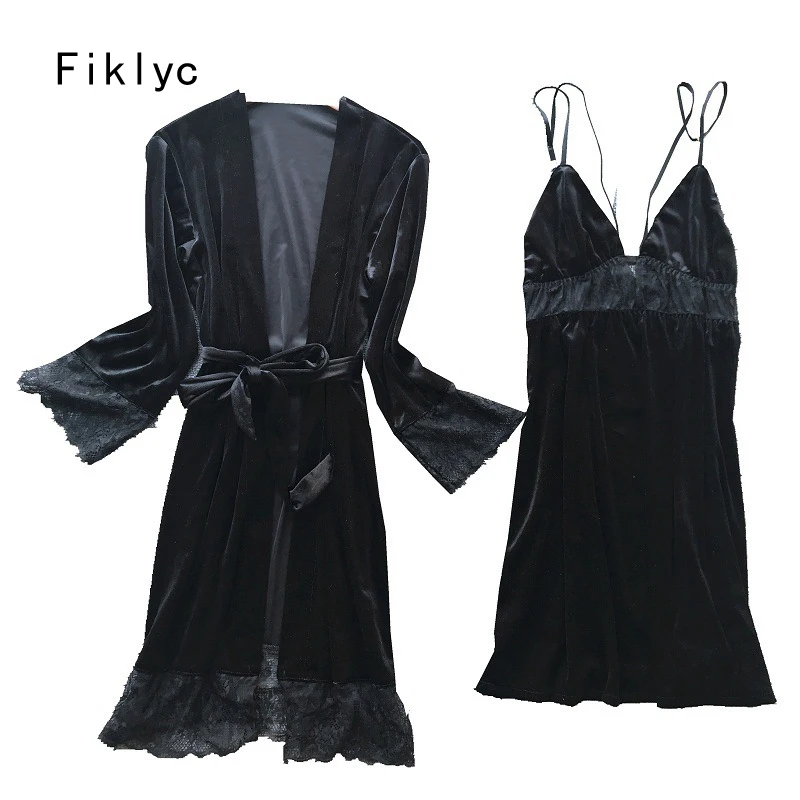 

Fiklyc underwear winter warm style velvet women's sexy hollow out robe & gown sets with lace beautiful female nighty for woman