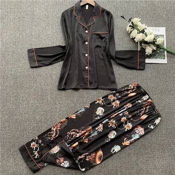 

Fiklyc Spring And Summer New Simulation Silk Home Service Ladies Cardigan Button Long Sleeve Pajamas Set Silk Printing