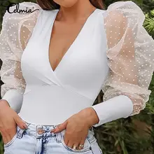 2020 Celmia Women Fashion Puff Sleeve Sheer Mesh Blouse Summer Sexy Tops Casual Dot Slim Long Sleeve Shirts Party Blusas Femme