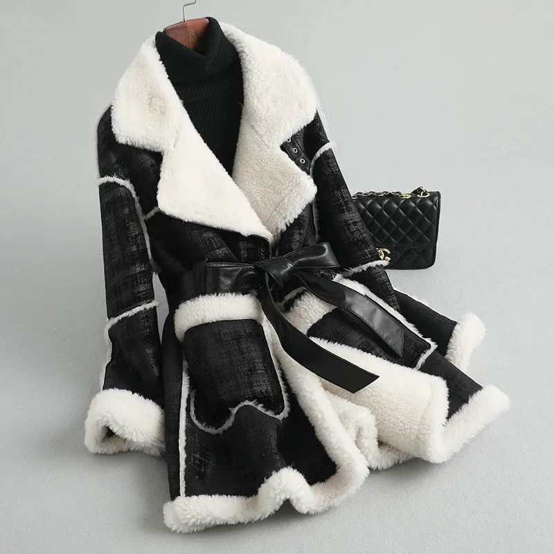 

2019 Autumn Winter Casual Women Fur Coats with Belt Jacket Women Real Fur Coat Female Vintage Thick Sheep Wool Liner Jacket A240
