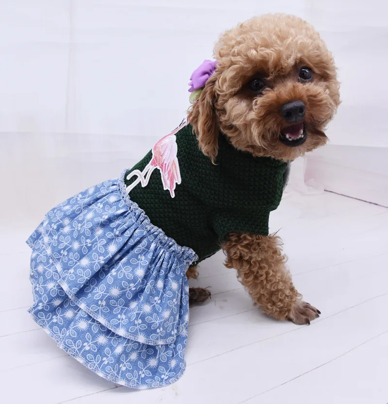 

Pet Dog Costume Winter Dog Dress Sweater Skirt Cat Puppy Dresses Small Dog Clothes Apparel Jeans Dress Poodle Bichon Clothing