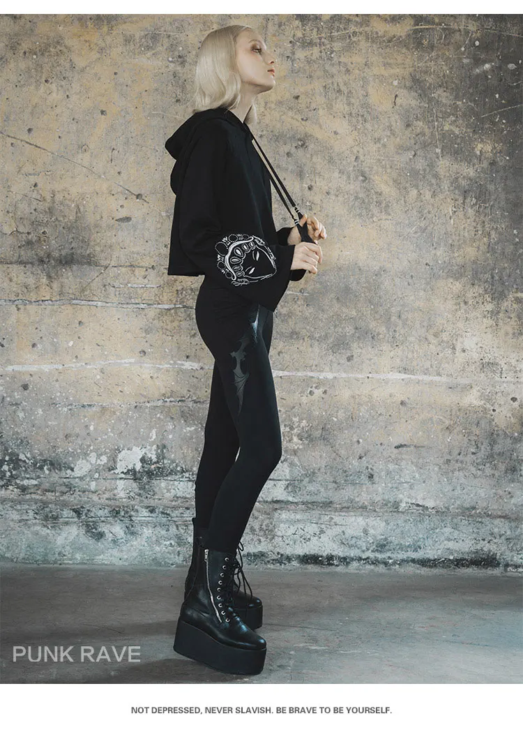 Панковские рейв женские панковские леггинсы с высокой талией Новые Осенние тонкие трикотажные штаны темные брюки с вышивкой