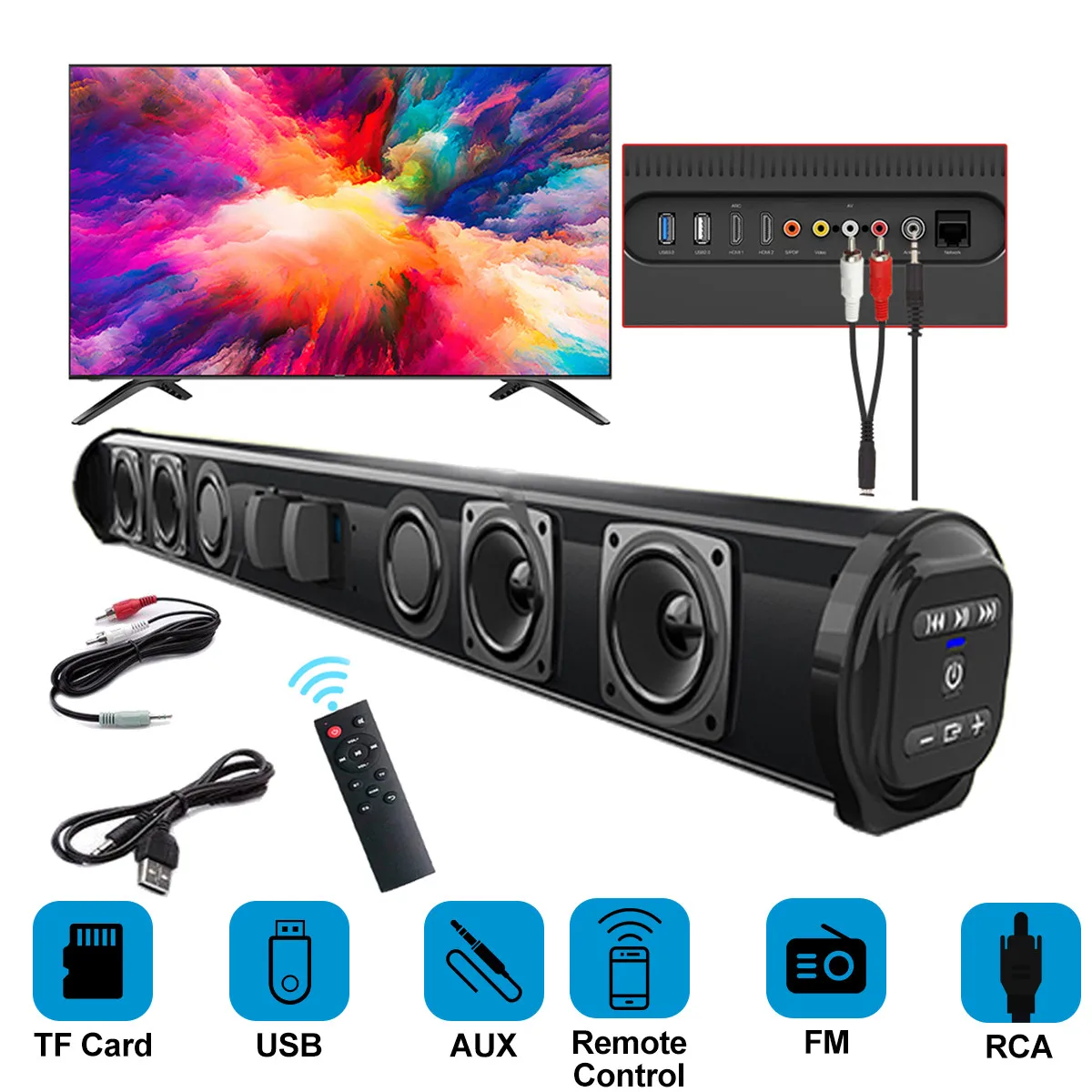 Barra de sonido inalámbrica Portátil con Bluetooth, altavoz potente de columna con sonido de música 3D, Home Theater, Aux, 3,5mm, TF, para TV y PC, 20w