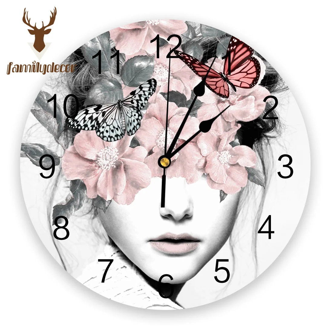 WOMAN WITH FLOWERS Printed PVC Wall Clock Modern Design Home Decor Bedroom Silent O'clock Watch Wall For Living Room